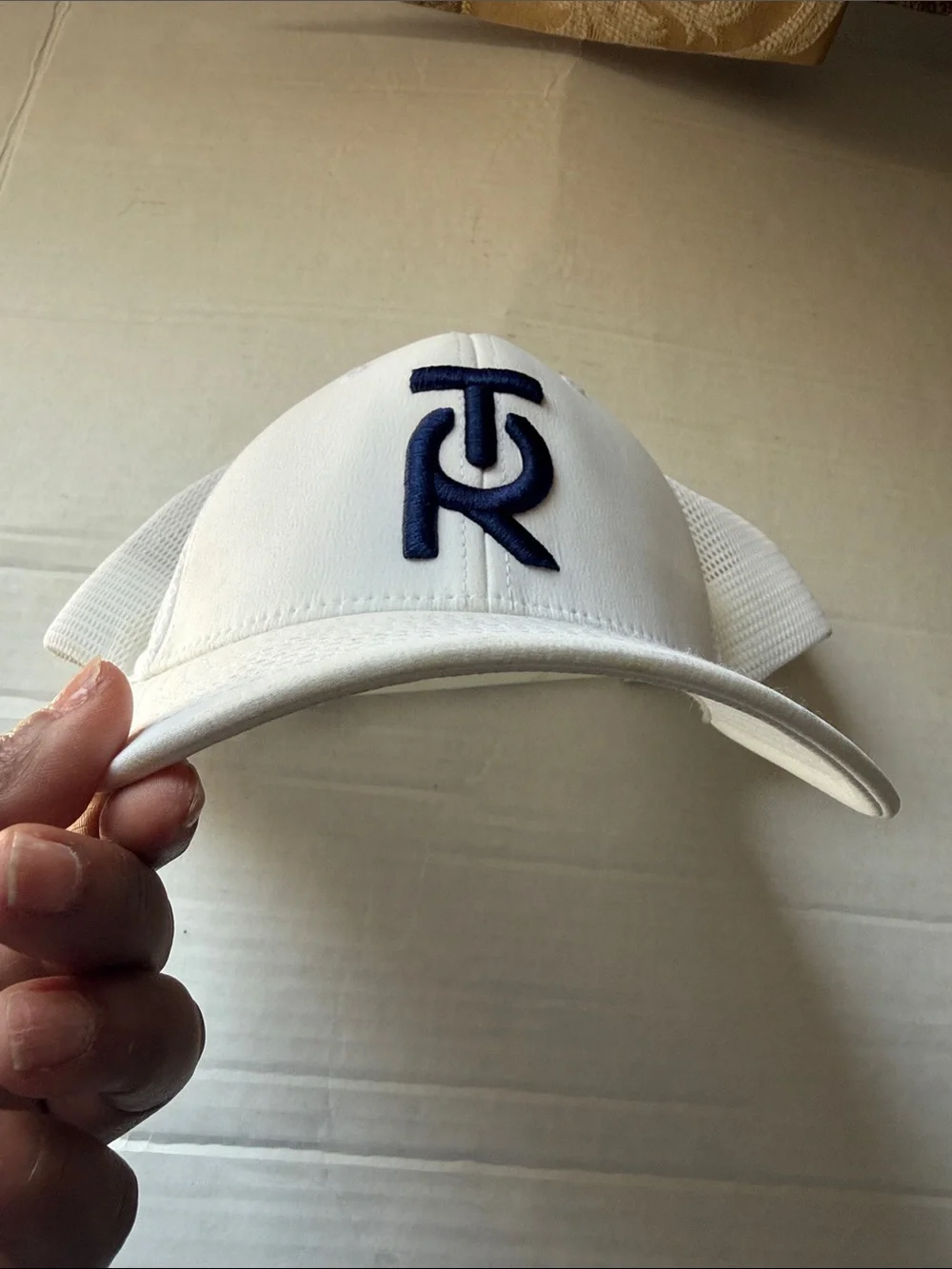 White Trucker Hat with Navy Logo”Texas Ranch”